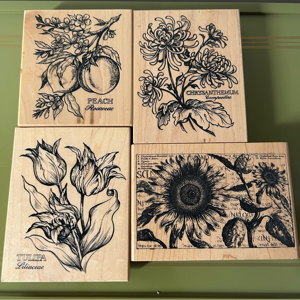 Set of 10 Vintage Elegant Botanical Wooden Stamps